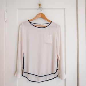 LOFT Long-sleeve Cream Blouse Black Piping Detail